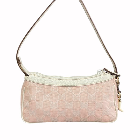 Authentic Gucci Pink Canvas Baguette Shoulder/Handbag Off-White Leather Trim Y2K - Picture 11 of 13